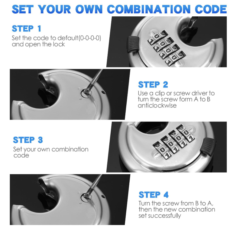 4-Digit Combination Disc Padlock — Hardened Steel Shackle, Keyless Outdoor Security