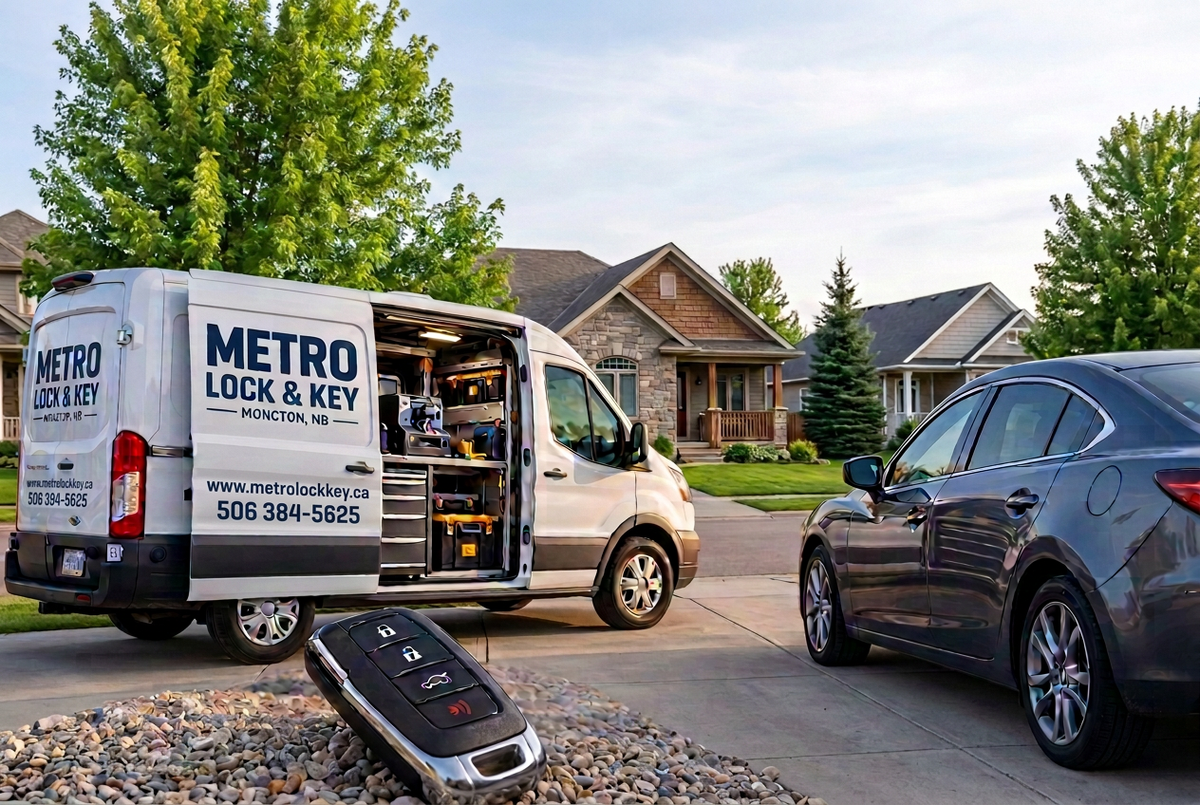 Metro Lock & Key van with website and phone number in a residential driveway